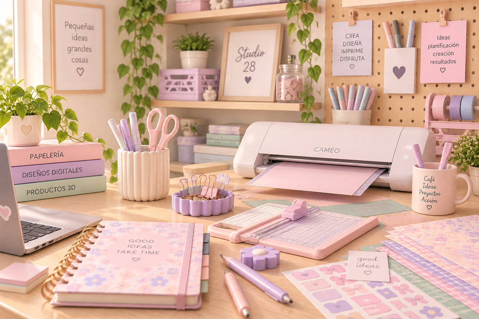 Espacio creativo Studio 28 con herramientas de papelería y diseño en tonos pastel